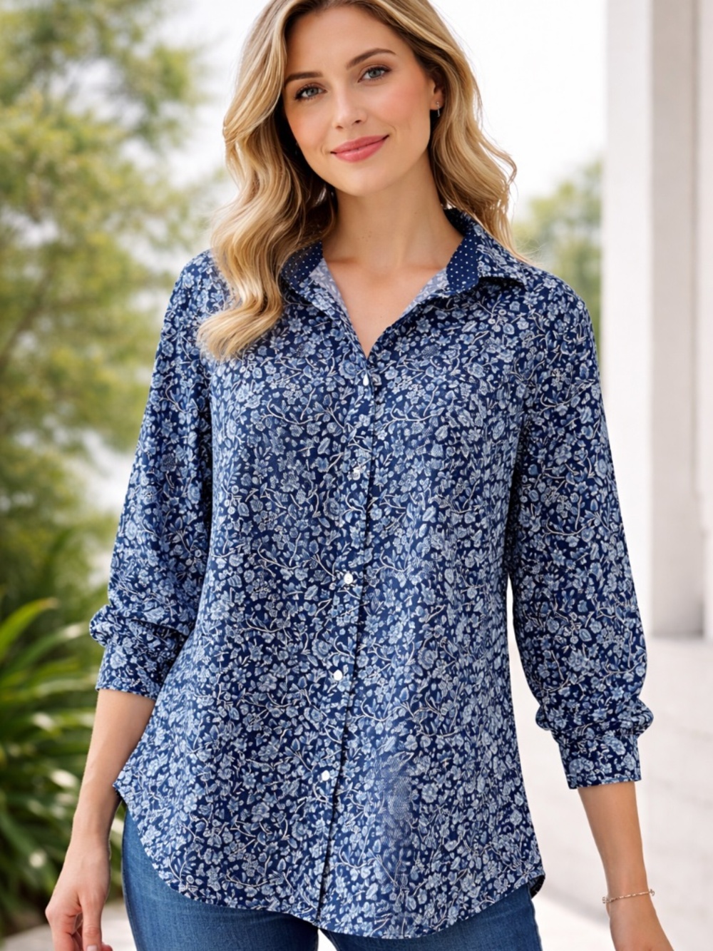 Chaps Floral Button Down Blouse 3X Navy Blue Cotton No Iron Plus Size